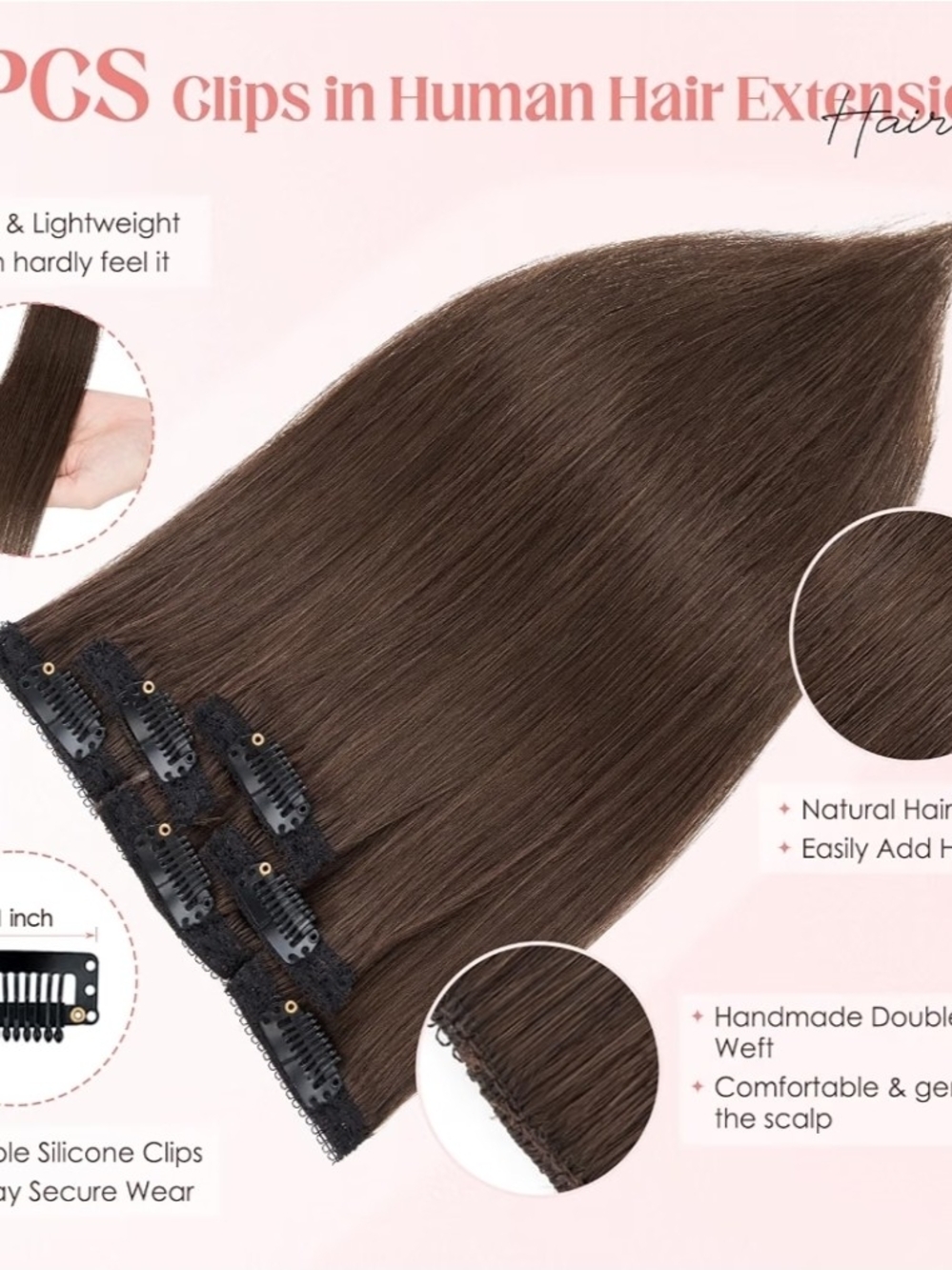 10 Inch Hairro 6pcs Clip In 100%Real Human Hair Extensions, Single Clip Design - Picture 3 of 3
